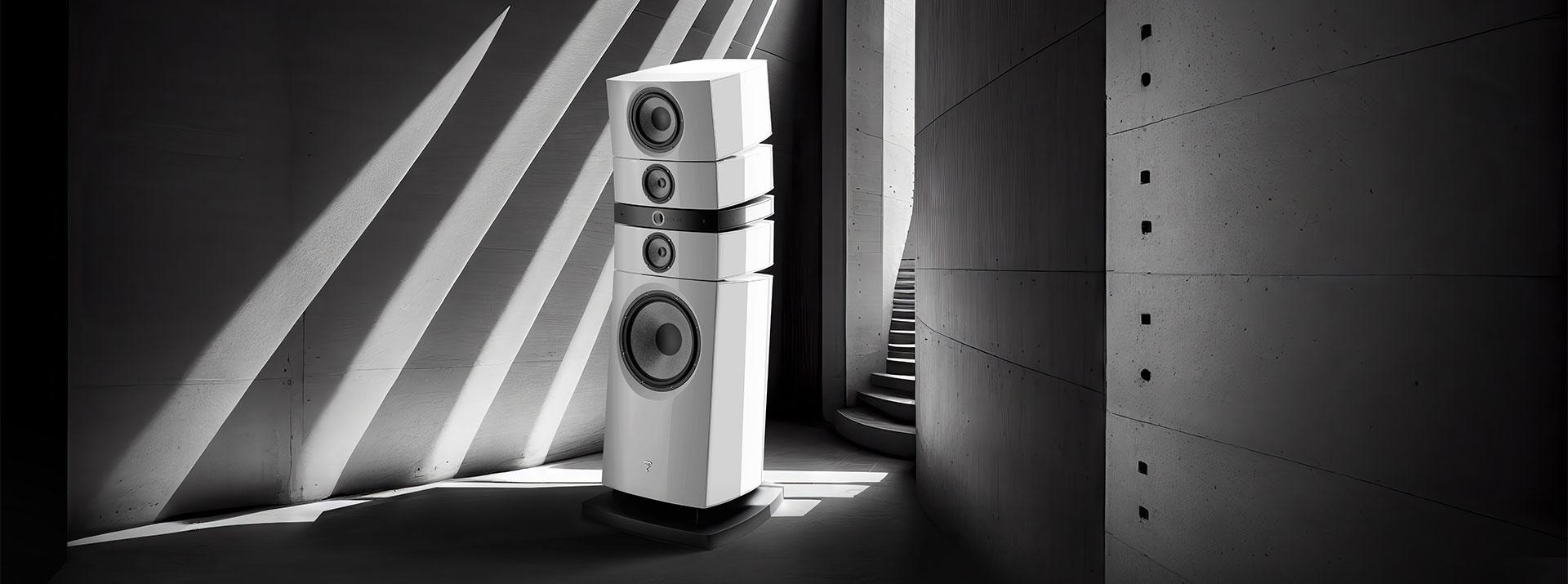 独立した帯域別キャビネットを縦に積層したFocal Grande Utopia EM Evoの公式画像
